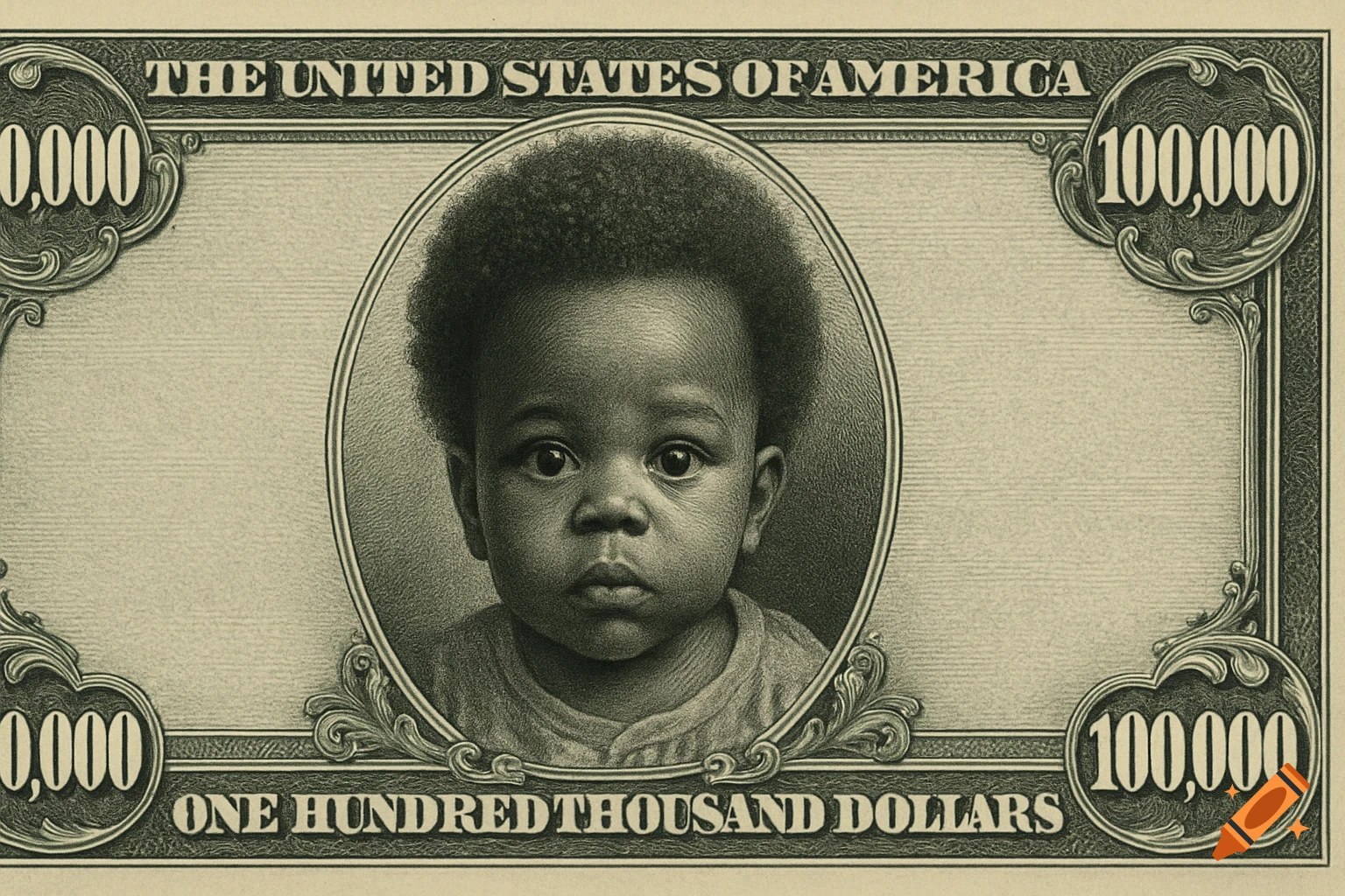 A monochromatic engraved $100,000 bill with a portrait of an African American baby in the center, featuring ornate borders and text.