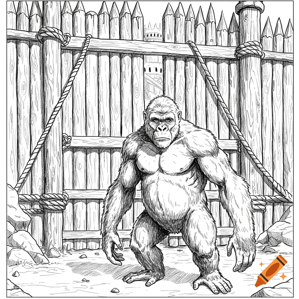 A detailed line art drawing of a muscular ape standing in front of a wooden palisade gate with a castle in the background.