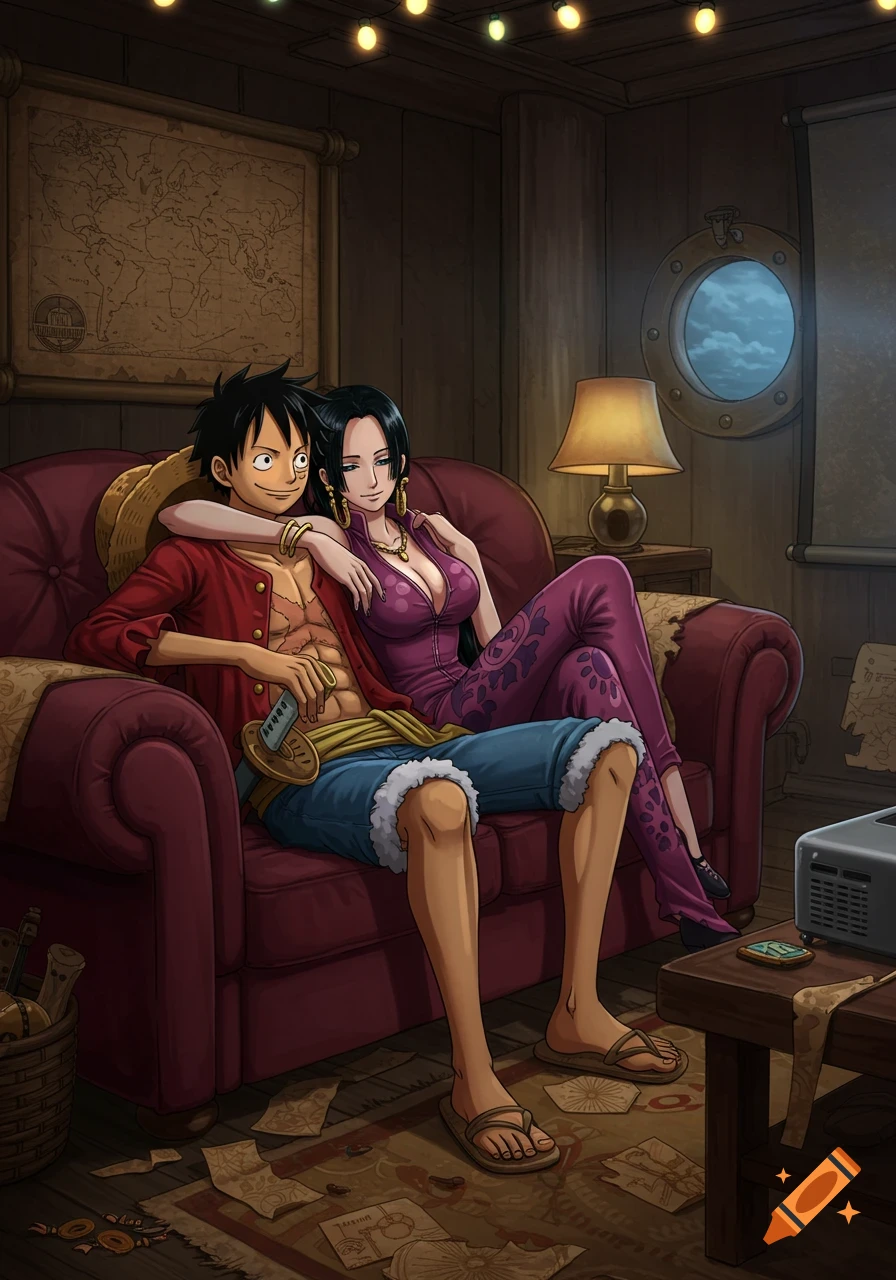 Luffy and Boa Hancock from One Piece cuddle on a sofa, watching a movie in a cozy, dimly lit room with a porthole window, in an anime style.
