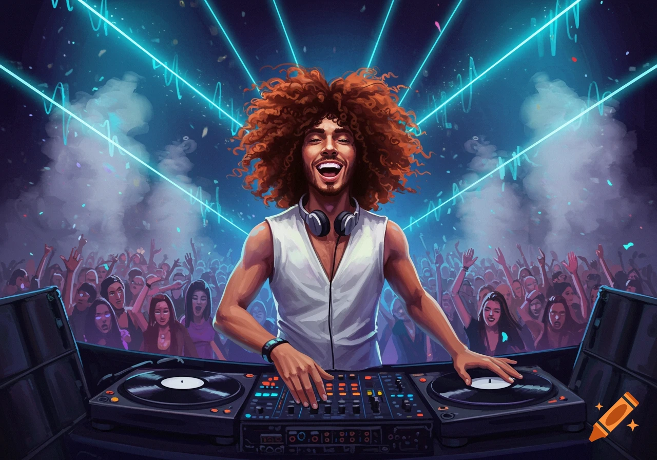 A male DJ with curly hair wearing a white vest performs at a lively concert, illuminated by bright blue lights.