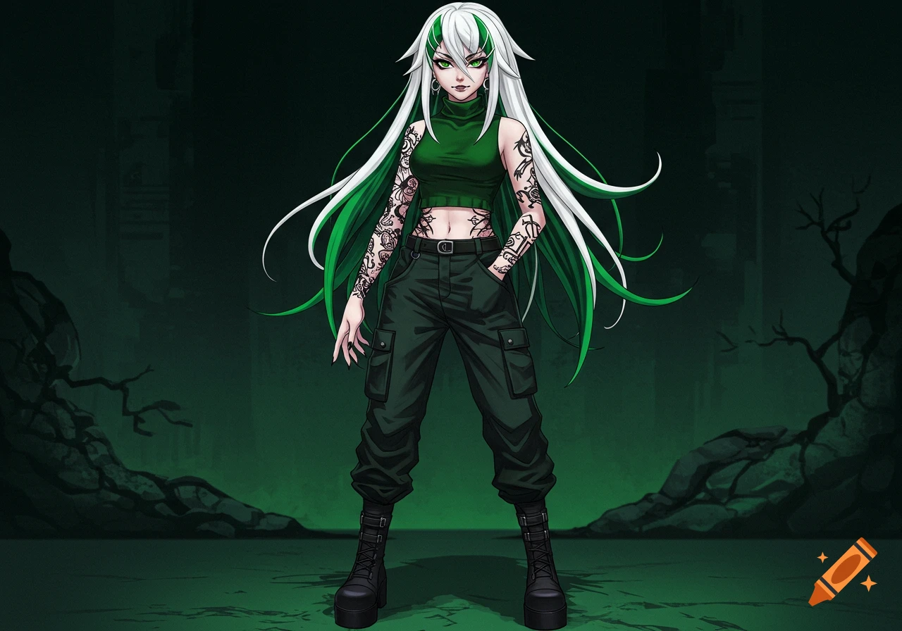 Full-body anime girl with long white and green hair, green eyes, tattoos, and piercings, wearing a green crop top, dark cargo pants, and black boots.