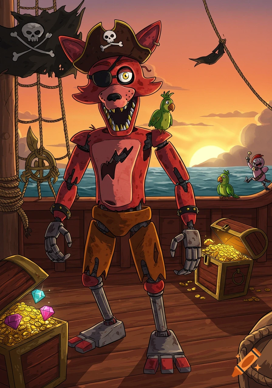 Foxy the animatronic pirate stands on a ship deck with treasure chests, parrots, and a sunset ocean background in a cartoon style.