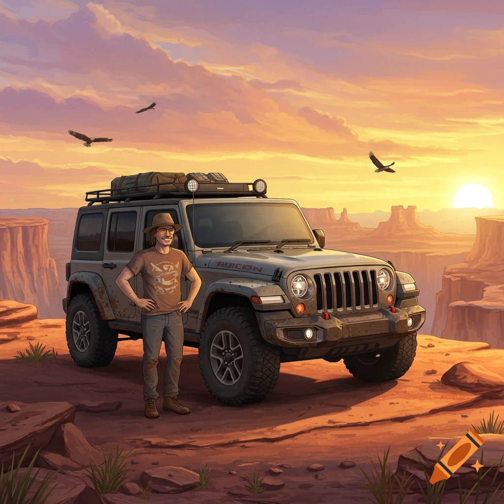 A man stands beside a gray Jeep Wrangler in a desert landscape at sunset, with eagles flying overhead. Illustration style.