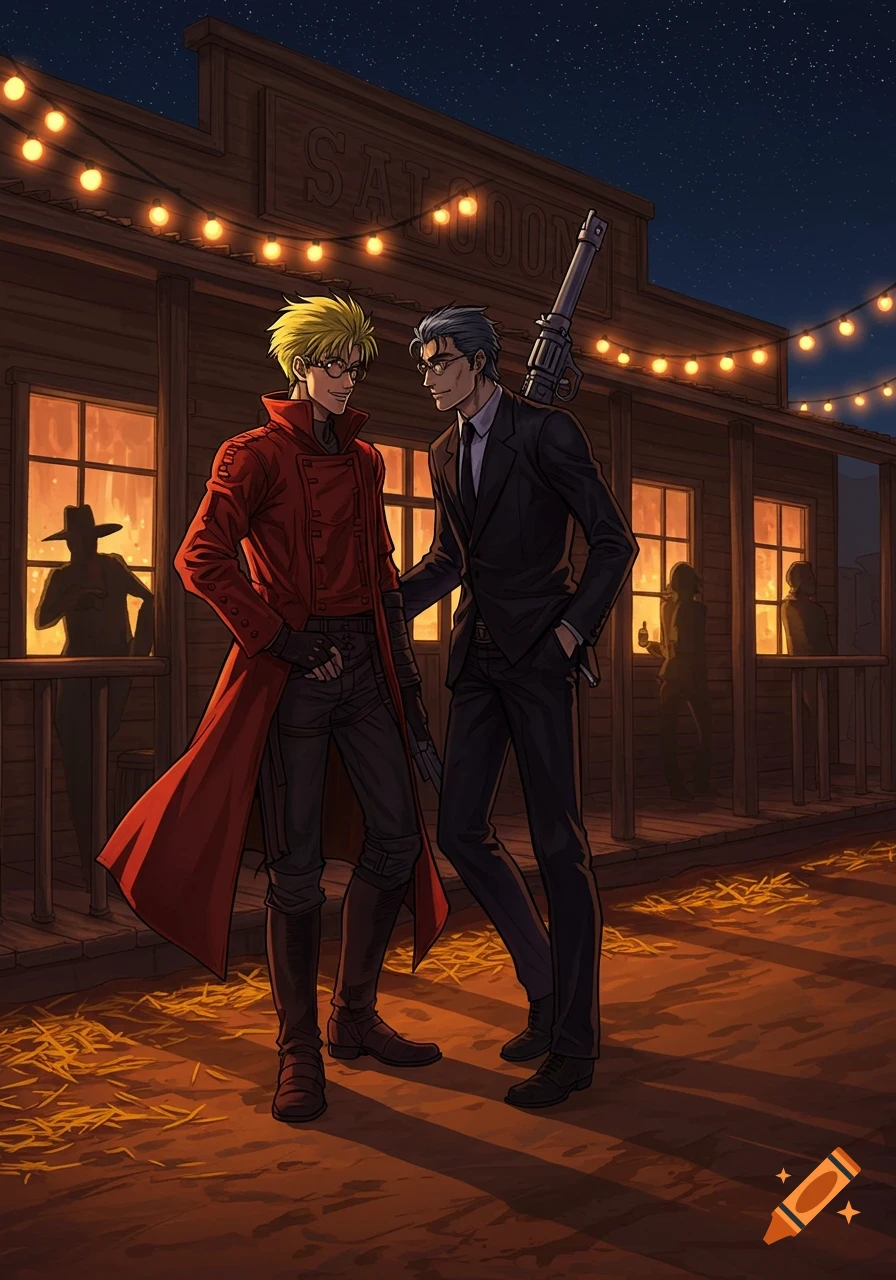 Two anime men stand outside a saloon at night; one in a long red coat, the other in a dark suit with a large gun on his back.