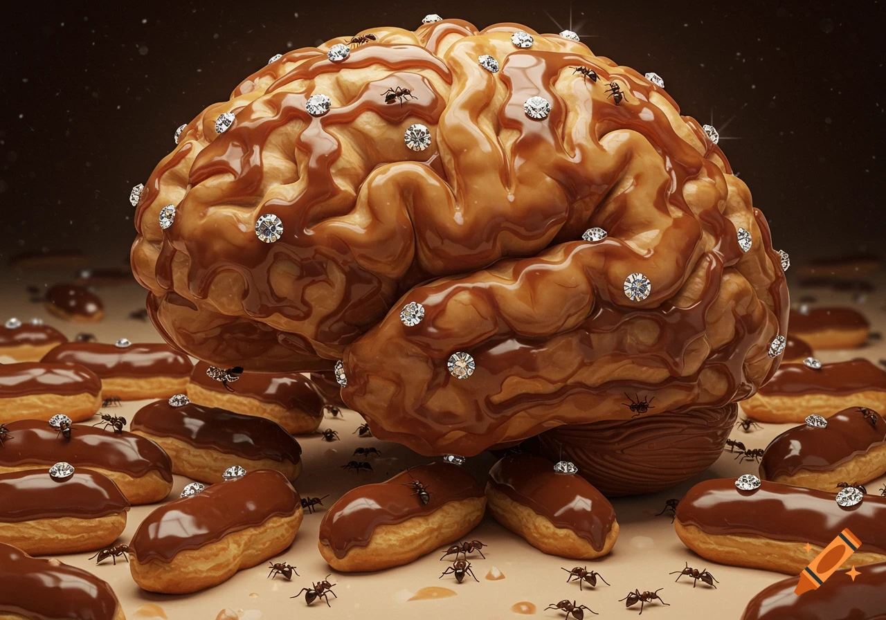 A surreal, photorealistic image of a brain-shaped eclair covered in caramel, diamonds, and ants, surrounded by more eclairs.