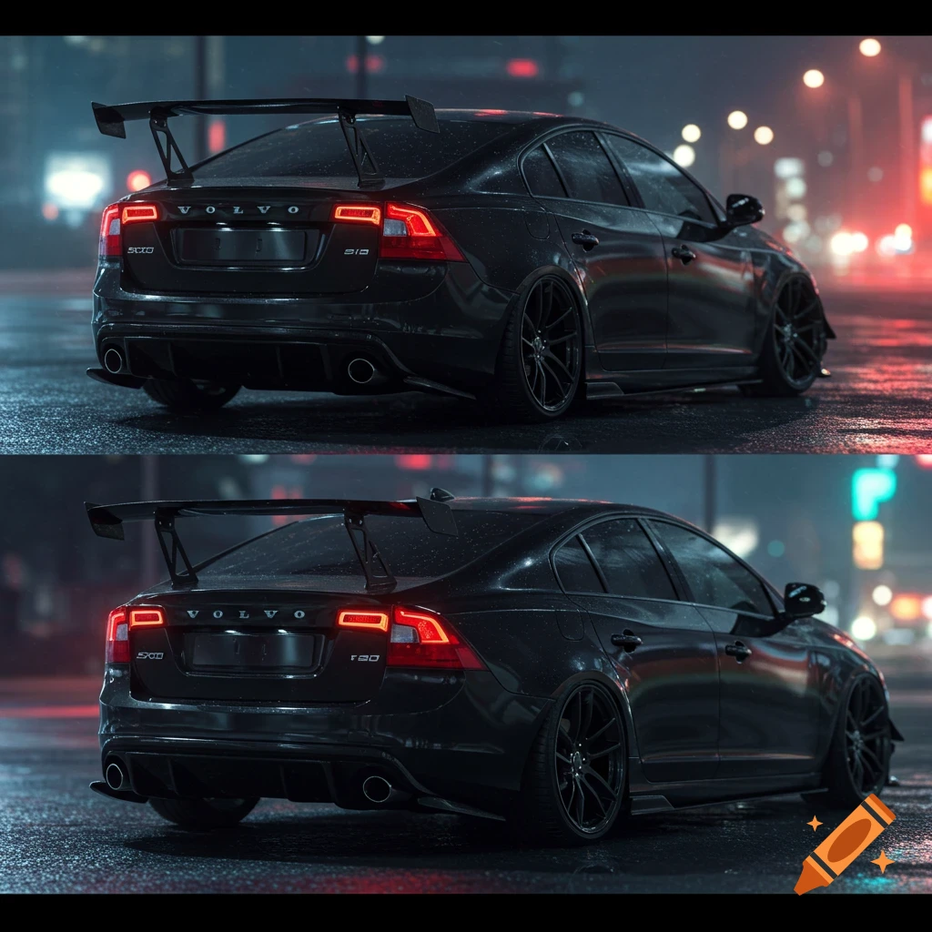 Rear 3/4 view of two identical black Volvo S60 sedans with custom spoilers, parked on a wet street at night with blurry city lights in the background. The car has black rims and is lowered.