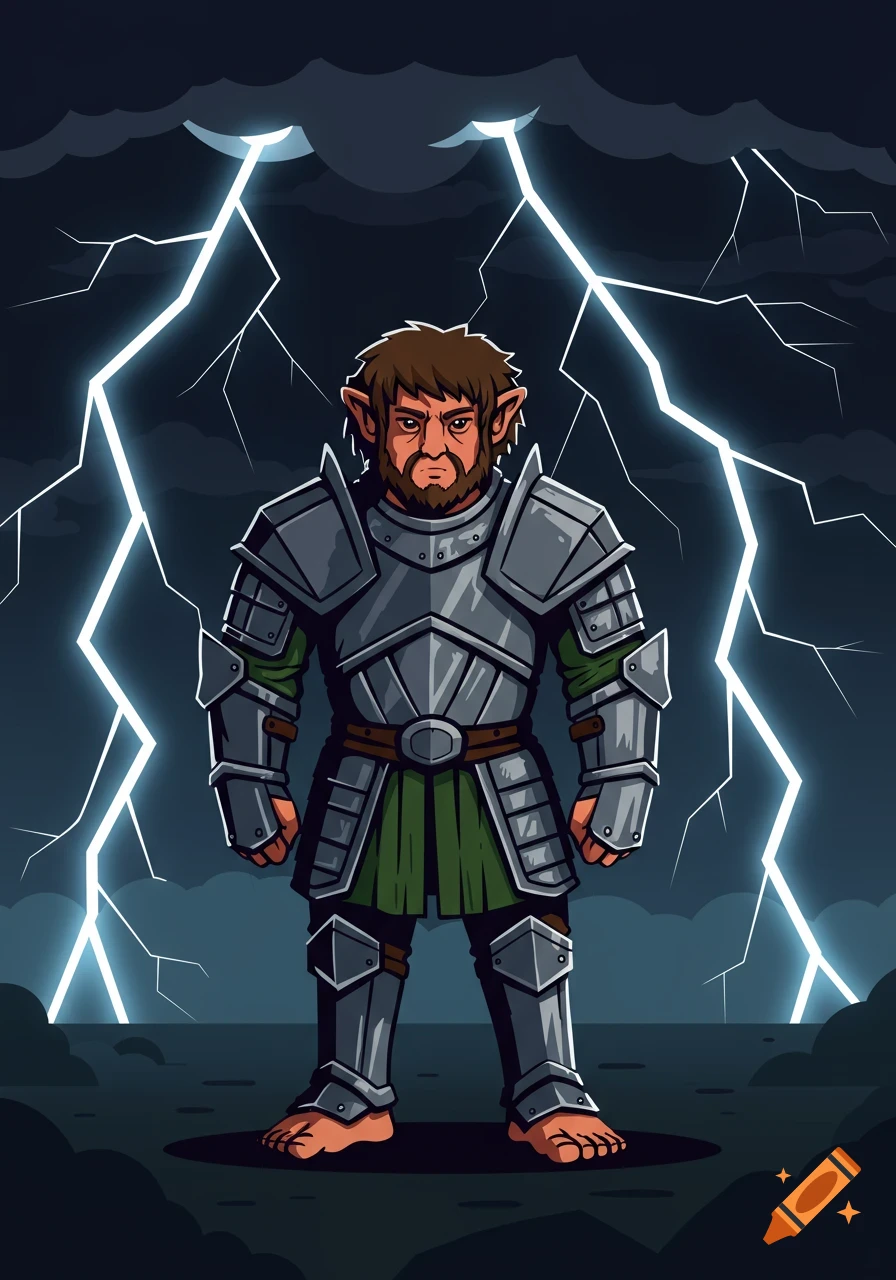 A cartoon fantasy dwarf in heavy metal armor stands barefoot under a dark sky with lightning bolts striking around him.