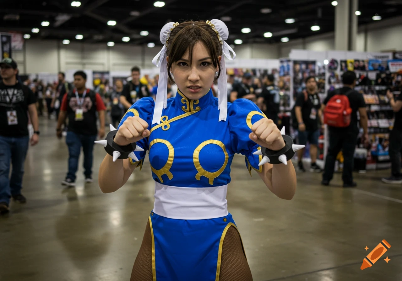 A Chun Li cosplayer with an angry expression and clenched fists, wearing a blue outfit with spiked bracelets, stands in a crowded convention hall.
