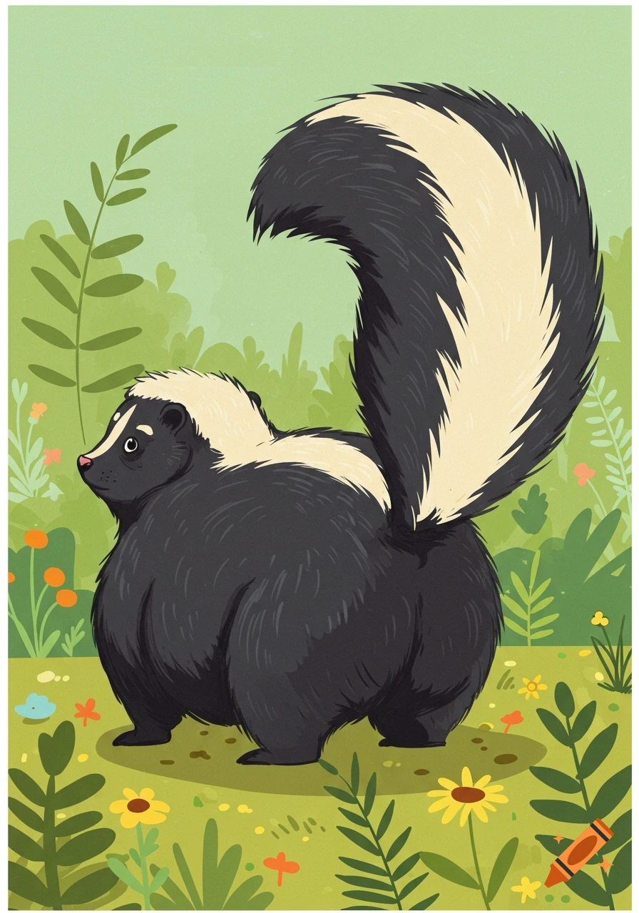 A broad, rotund, black and white cartoon skunk with its tail raised, standing in a green forest with colorful flowers.
