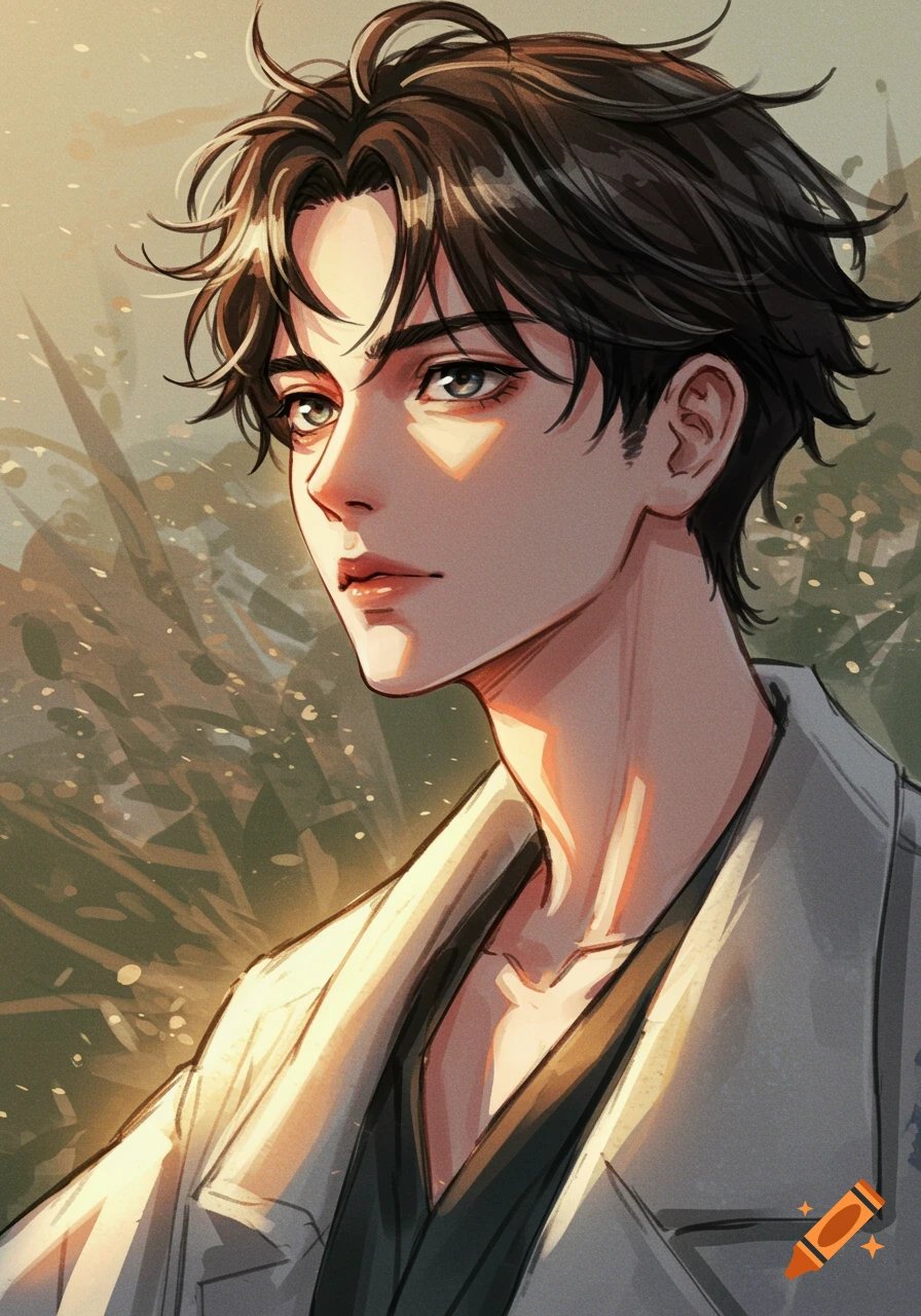 A semi-realistic anime style portrait of a young man with dark hair, looking sideways, bathed in warm light.