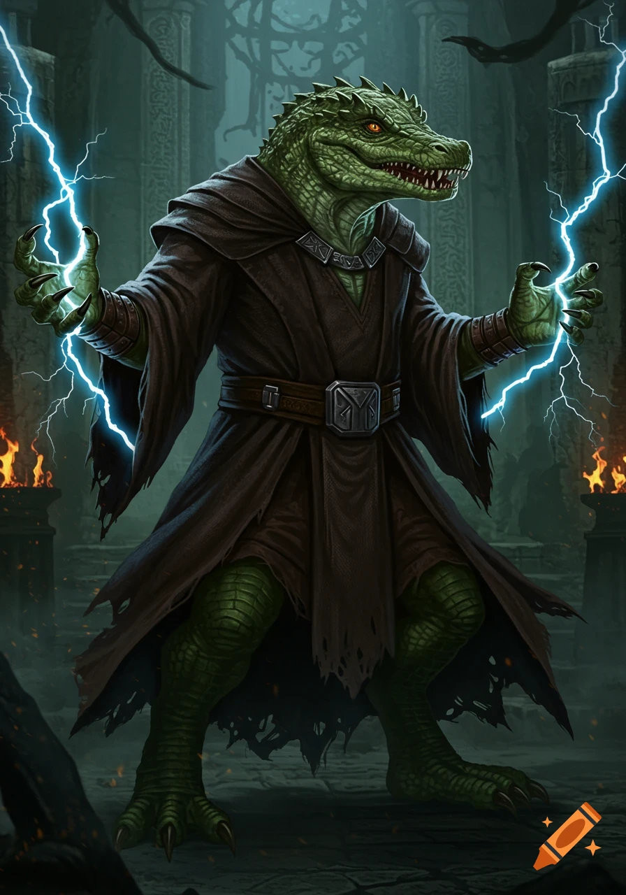 A green argonian with an alligator head in dark robes stands in an ancient stone chamber, casting blue lightning from its hands.