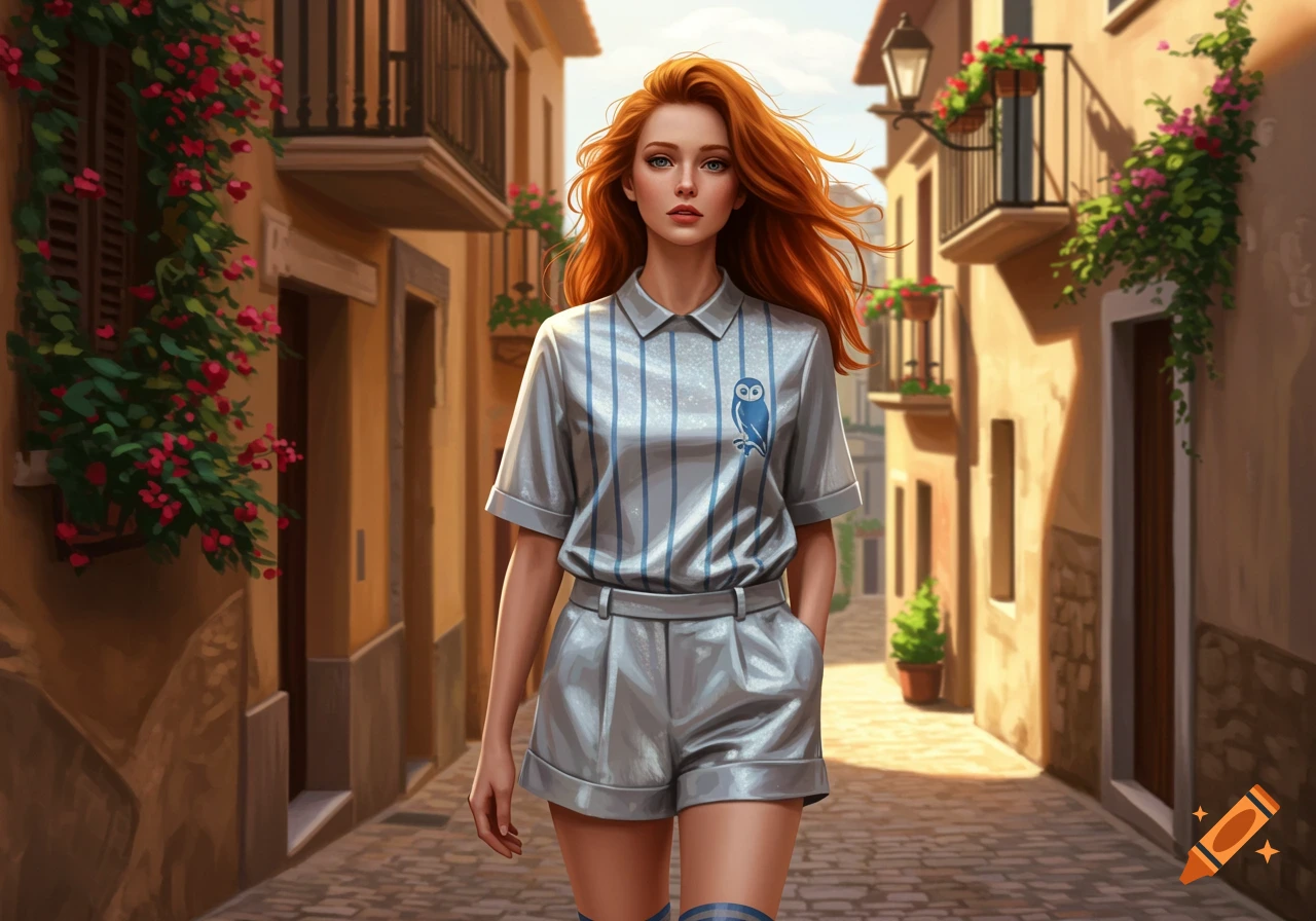 A red-haired woman in a silver pinstriped shirt and shorts with an owl logo walks down a sunny cobblestone street lined with buildings.