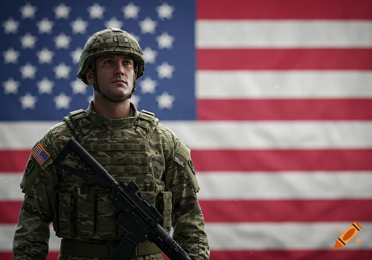 A solemn American soldier in camouflage uniform and helmet stands with a rifle, looking up, against a blurred American flag backdrop.