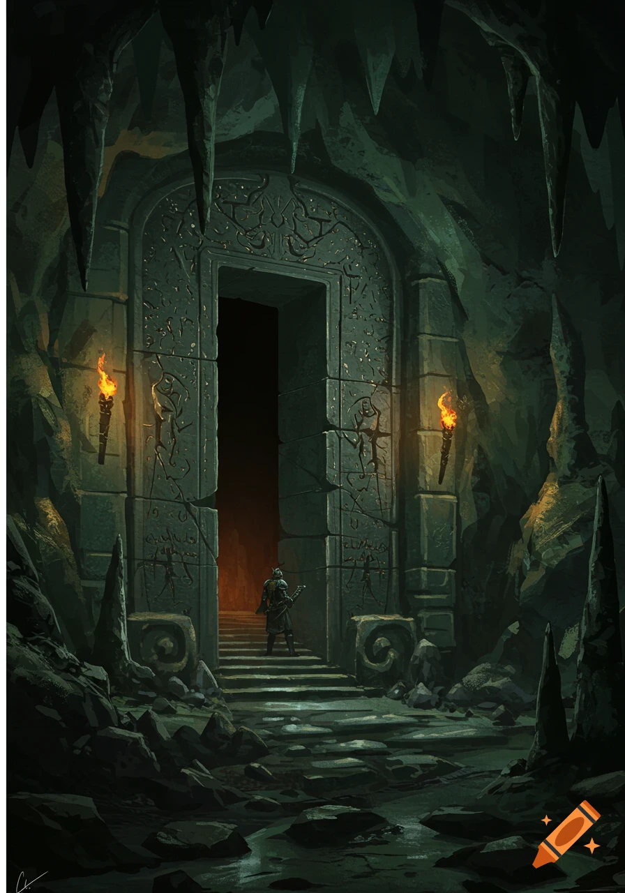 An adventurer stands before a large, ornate stone dungeon door in a dark cave, lit by torches.
