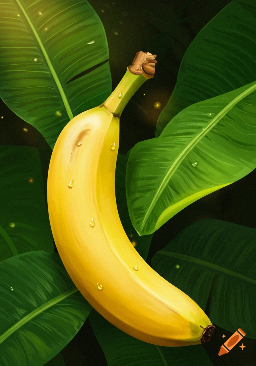 A bright yellow banana with water droplets, surrounded by large green banana leaves in a dark, lush setting.