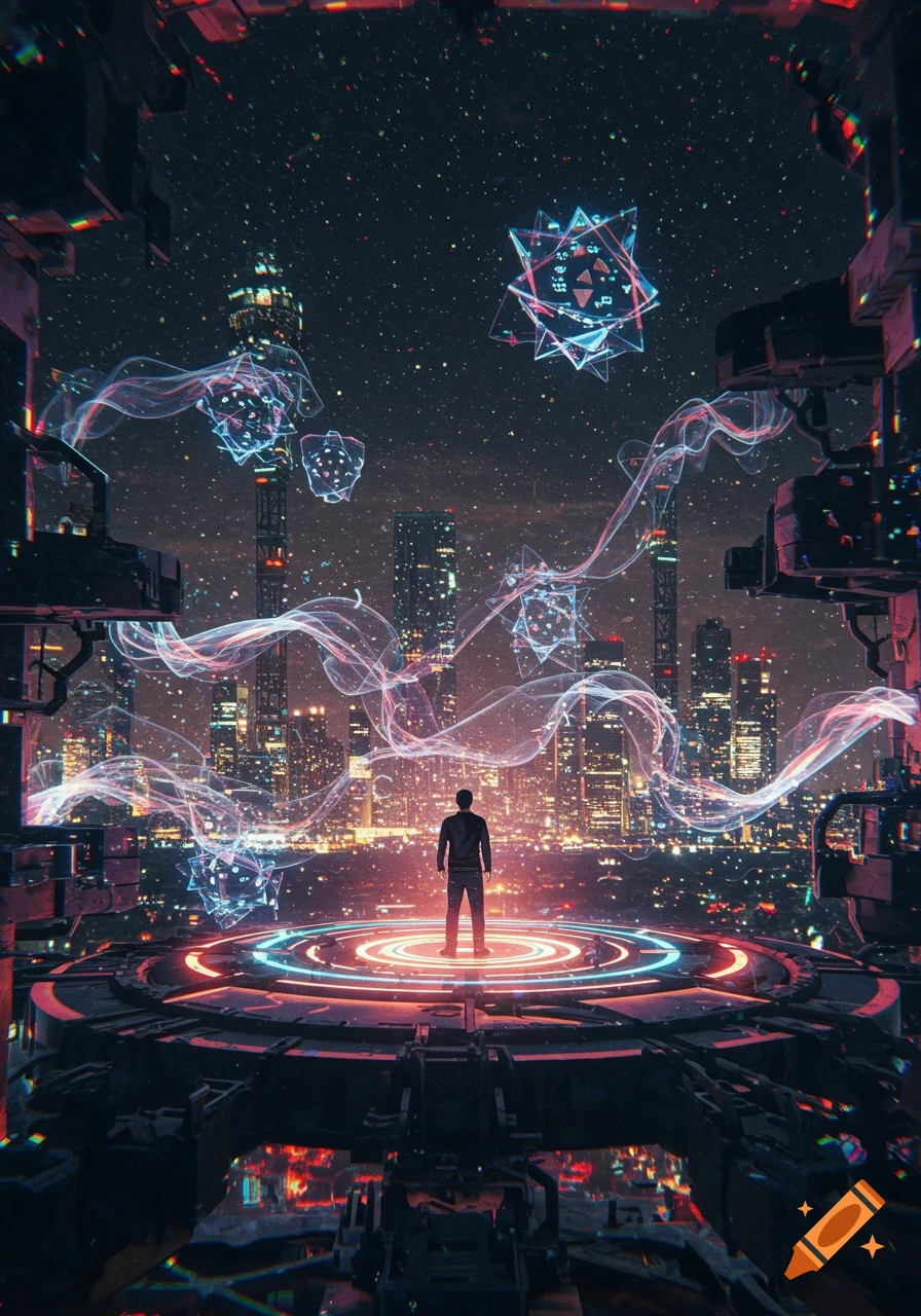 A lone figure on a glowing platform overlooks a futuristic city with abstract symbols and flowing energy in the starry night sky.