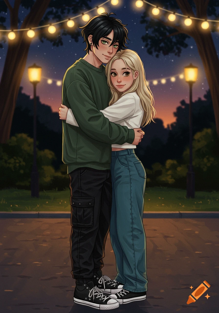 An anime-style image of a young man hugging a young woman in a park at night, illuminated by string lights.