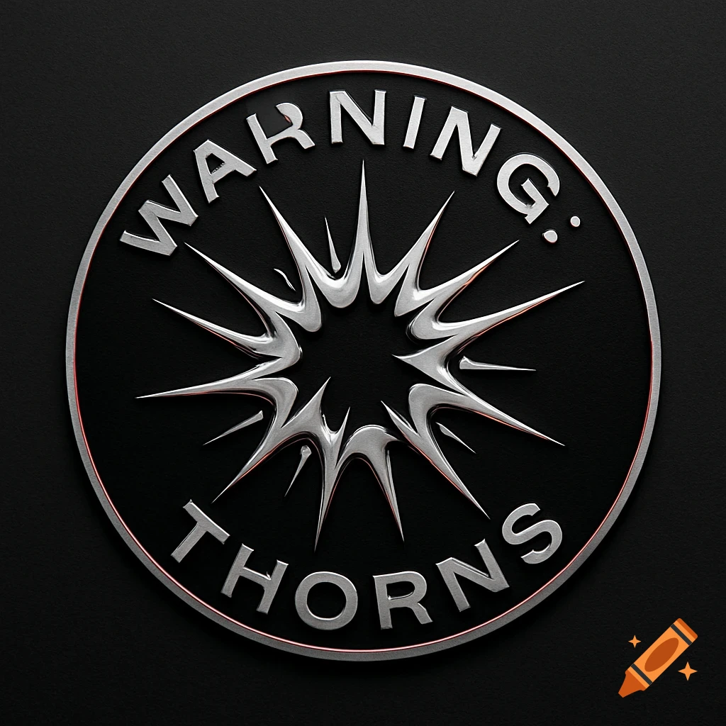 A metallic silver circular logo features the words "WARNING:" at the top and "THORNS" at the bottom, encircling a spiky, thorn-like burst design in the center, all on a black background.