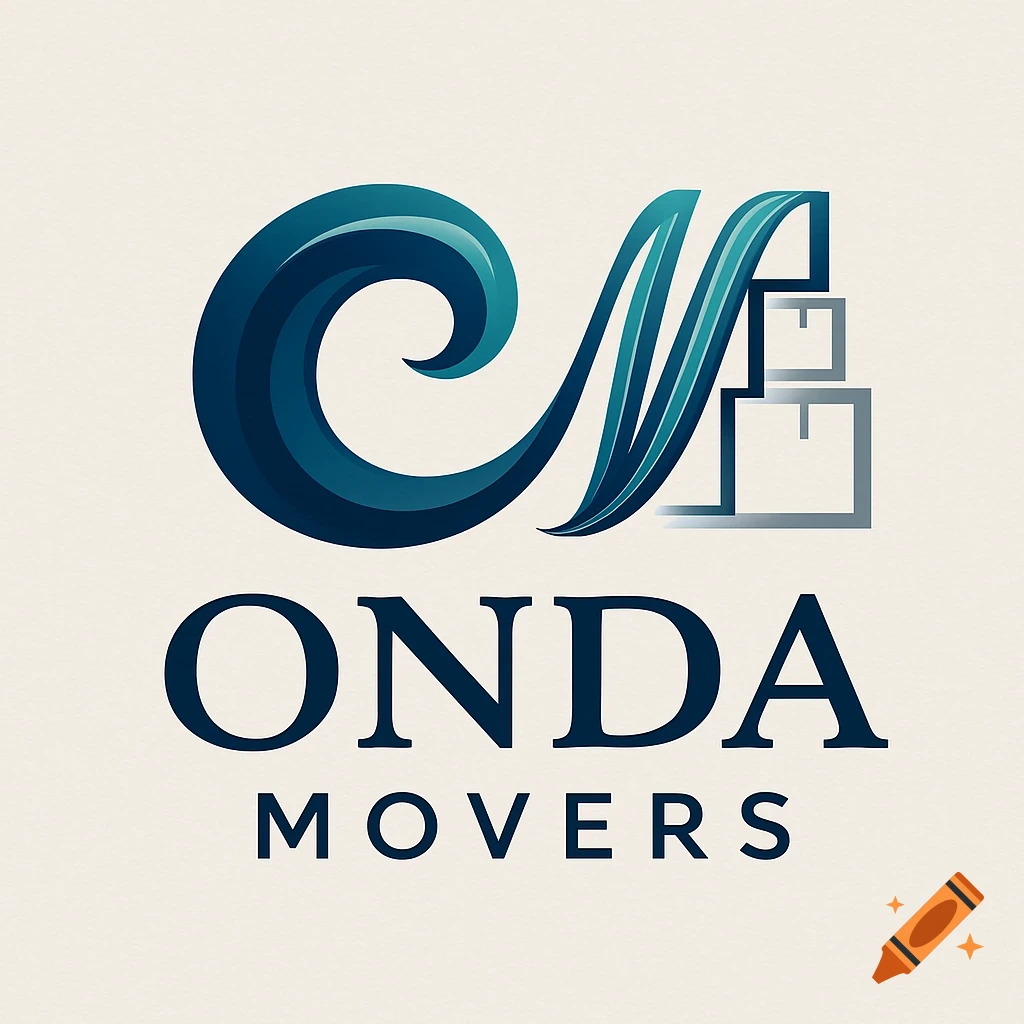 A stylized logo for Onda Movers featuring a blue wave-like 'O' and a grey 'M' composed of stacked boxes. Below the icon, 'ONDA MOVERS' is written in dark blue text.