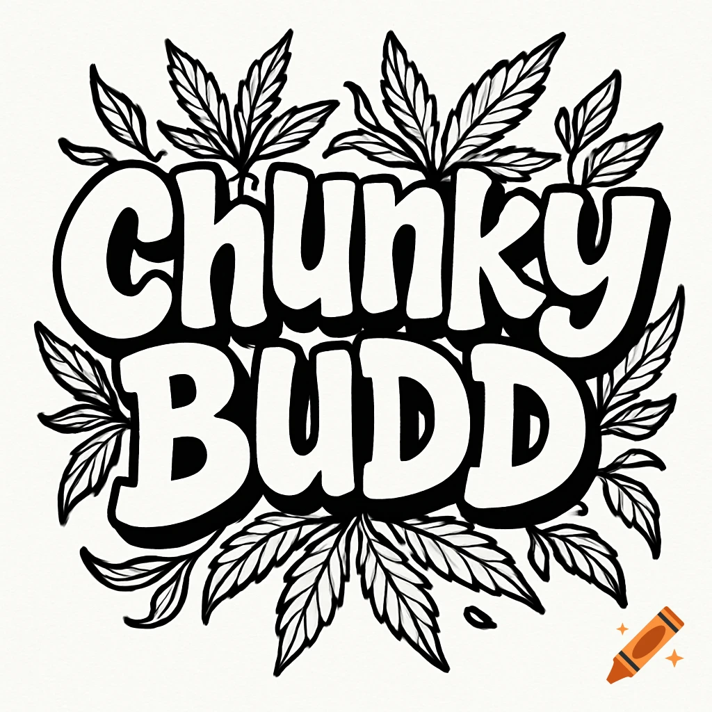 Black and white cartoon logo with 'Chunky BUDD' text surrounded by cannabis leaves.