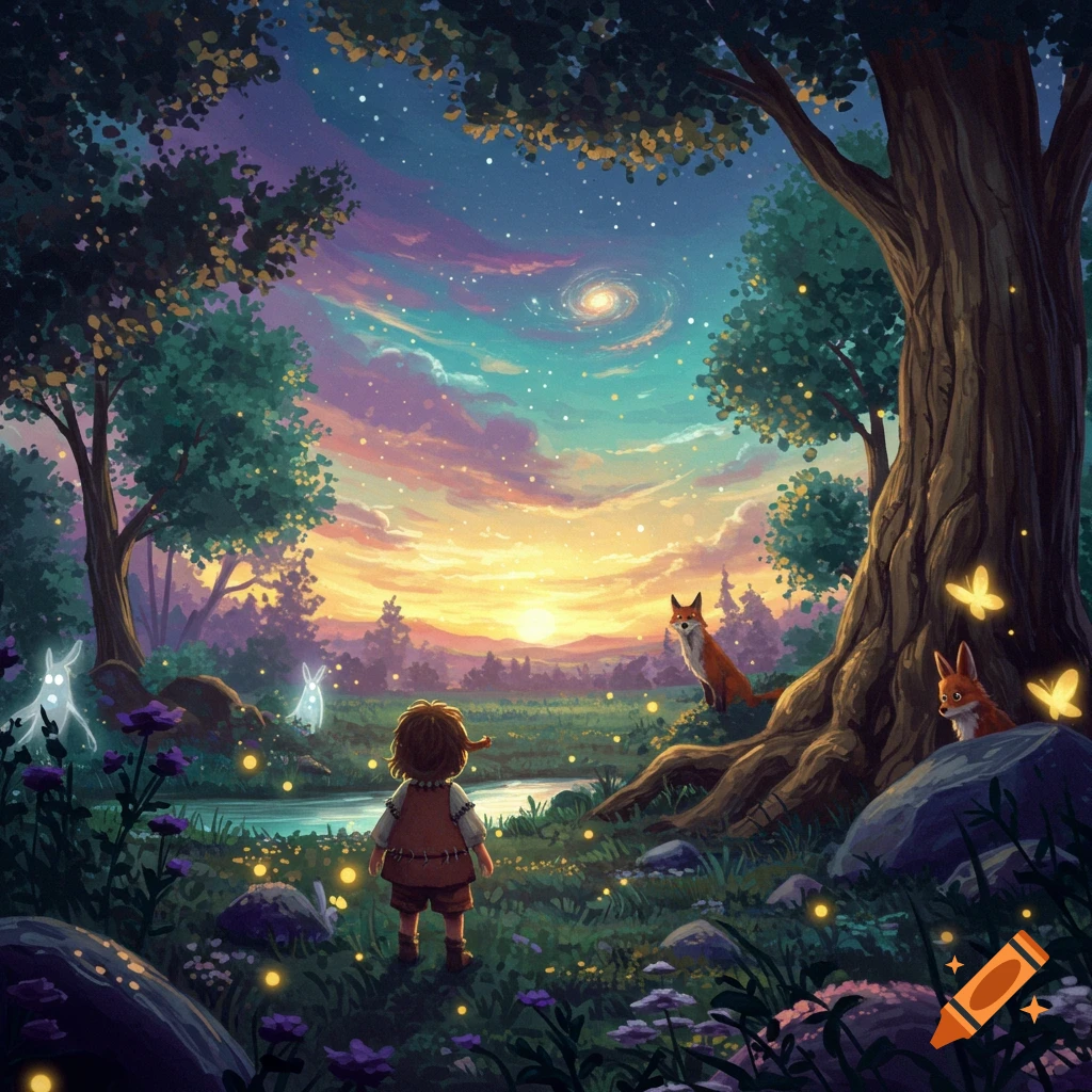 A child stands in a magical forest at dusk, looking towards a vibrant sunset sky with stars and a galaxy. Foxes, glowing rabbits, and fireflies surround them in this whimsical illustration.