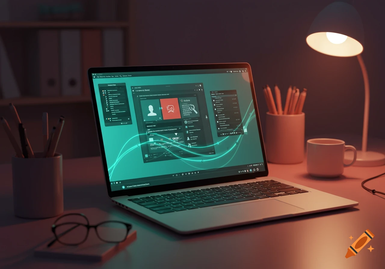 A laptop with a glowing green interface on a desk, illuminated by a white desk lamp, next to a mug and pen holders.