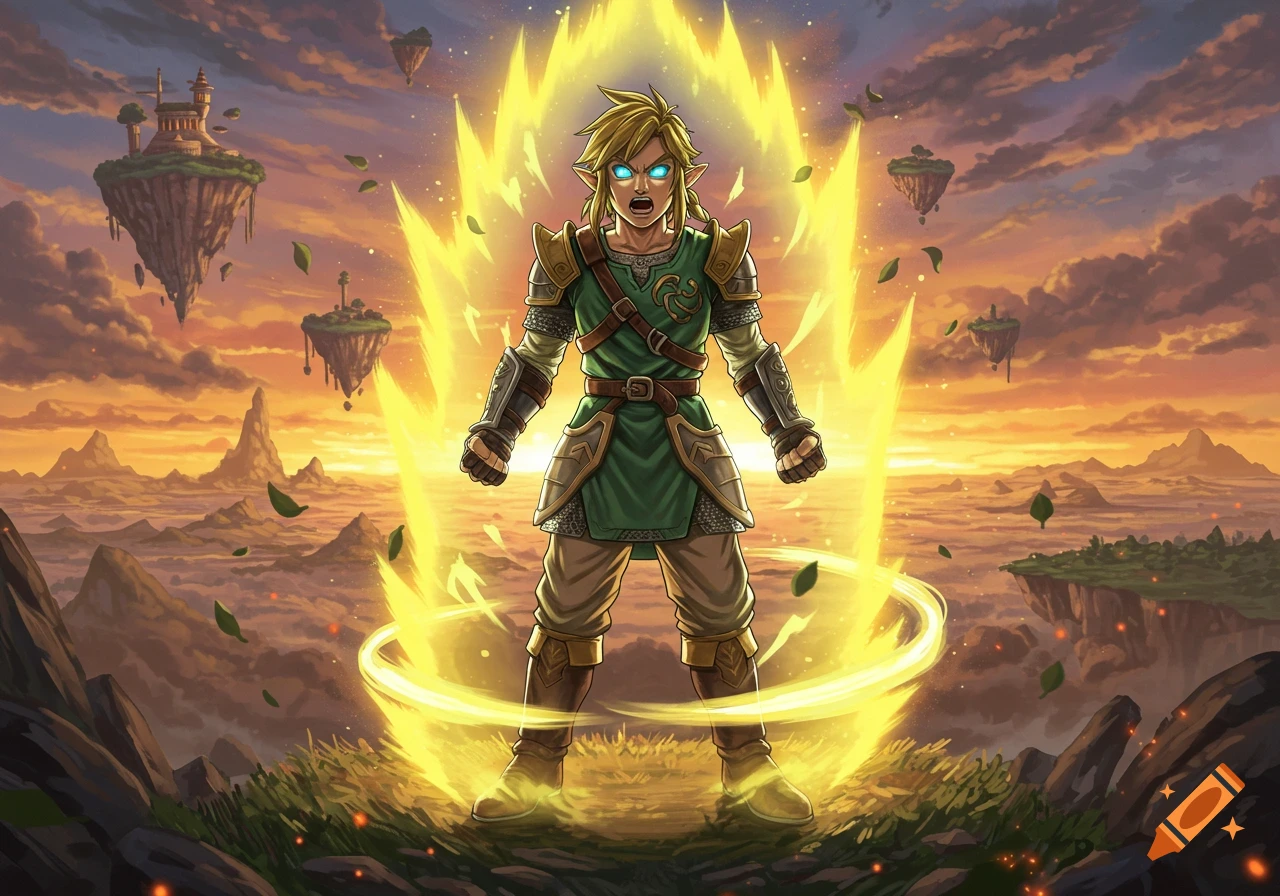 Link from Legend of Zelda as a Super Saiyan, glowing with a yellow aura on a cliff overlooking floating islands at sunset. Anime art style.