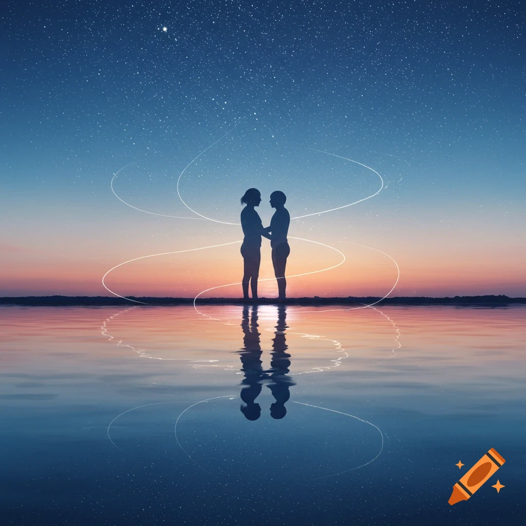 Silhouettes of a couple holding hands in shallow water under a starry twilight sky, with reflections.