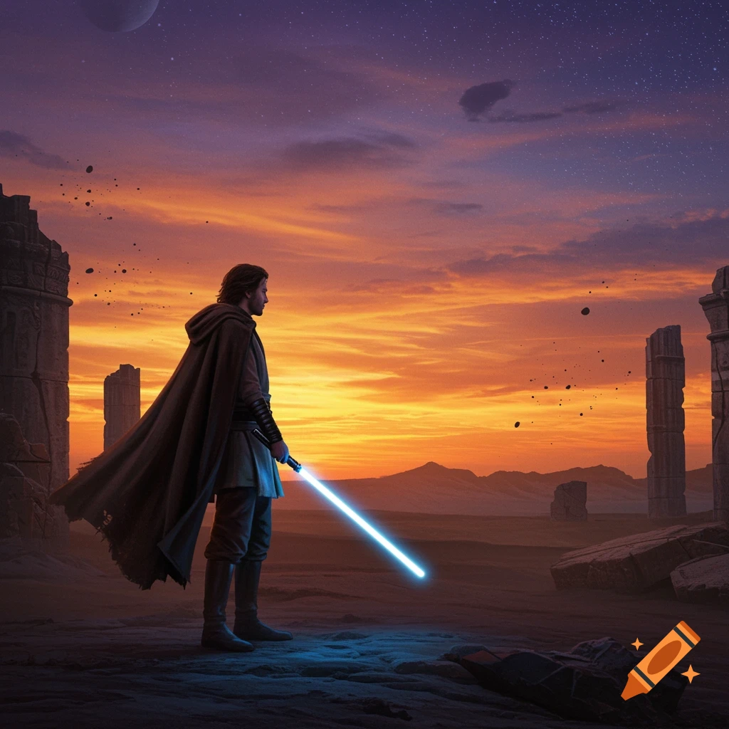 A figure resembling a Jedi stands with a glowing blue lightsaber in a desert landscape at sunset, with a large planet visible in the sky.