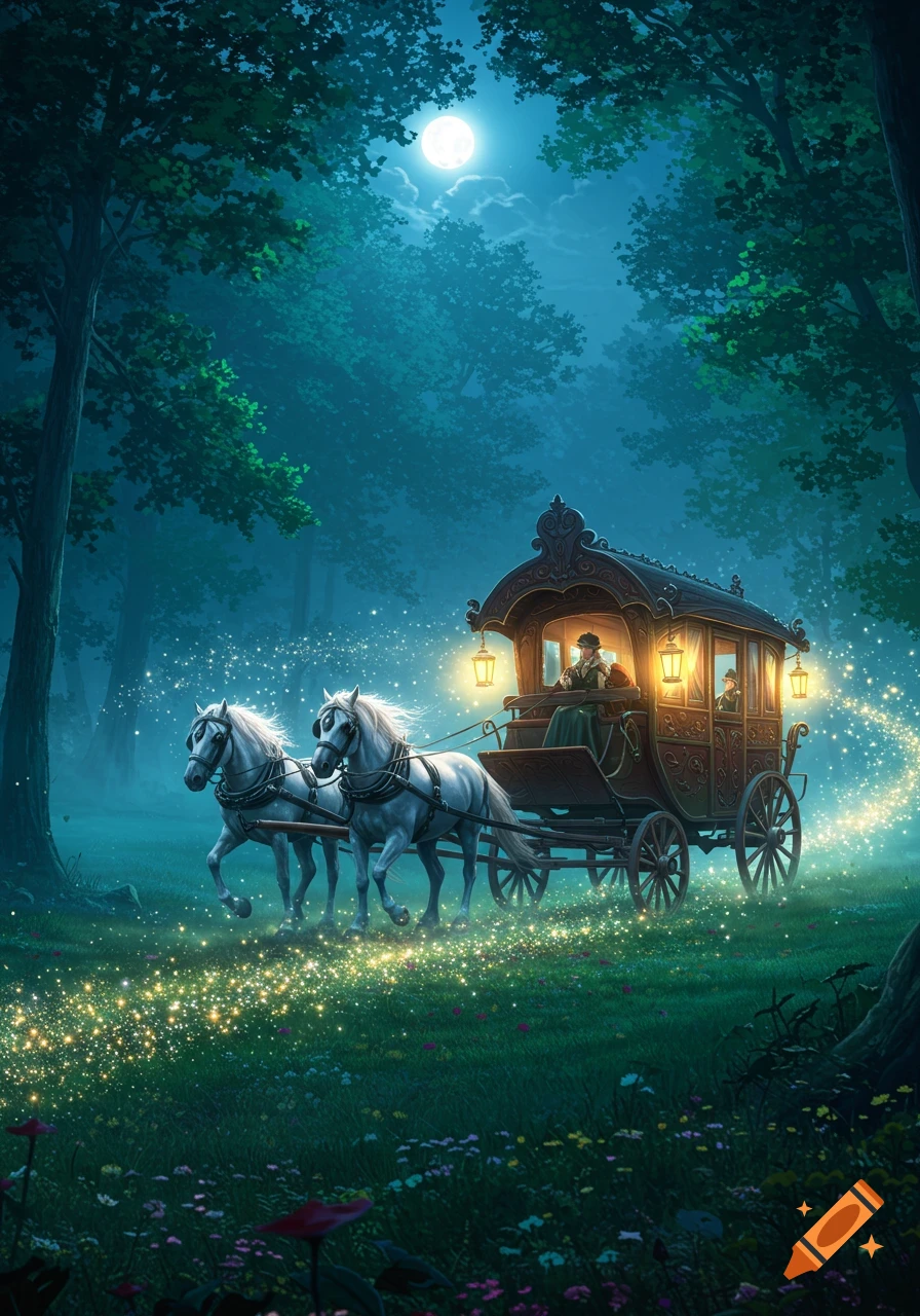 Two white horses pull an ornate, lit carriage through a magical, moonlit forest, leaving a trail of golden sparks.