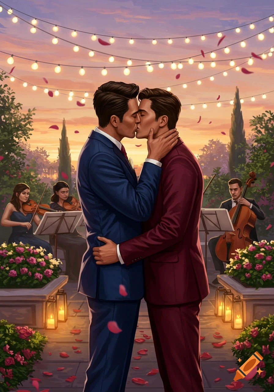 Two men in suits kissing at an outdoor wedding with string lights and musicians.