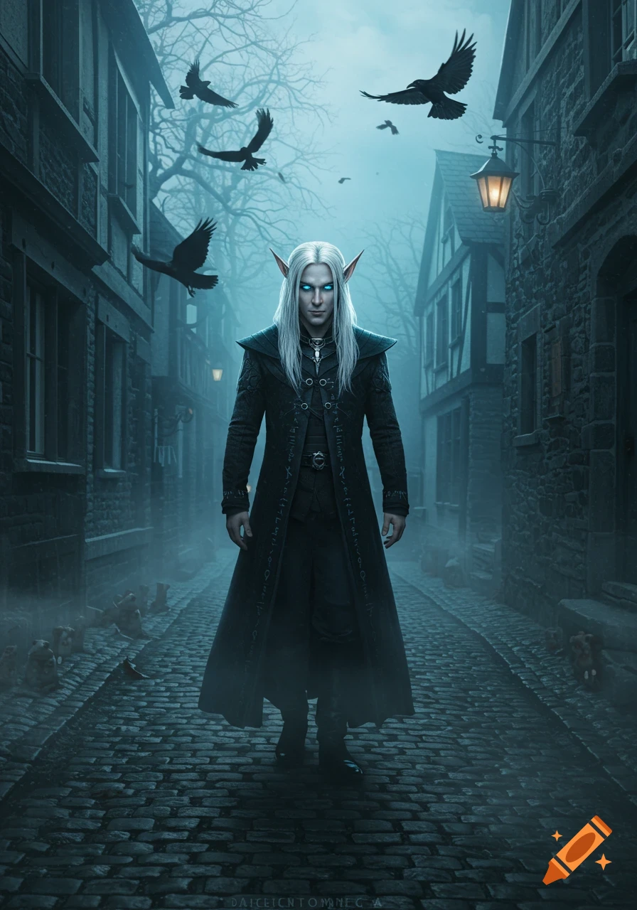A mysterious elf-like figure with glowing blue eyes and long white hair stands in a dark, misty cobblestone alley with old buildings and crows flying overhead.