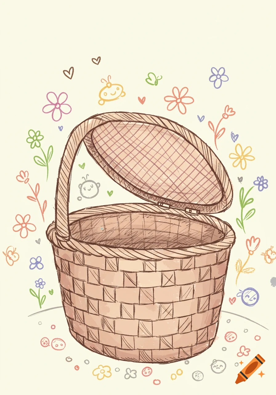 A whimsical children's doodle illustration of an empty picnic basket surrounded by colorful flowers, hearts, and cute shapes.