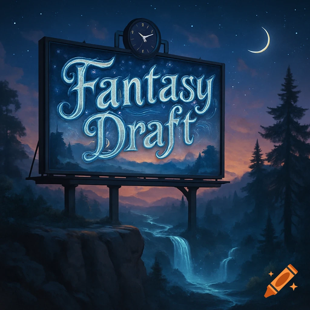 A magical night landscape with a large billboard displaying 'Fantasy Draft' and a clock set at 8:30, above a glowing waterfall.
