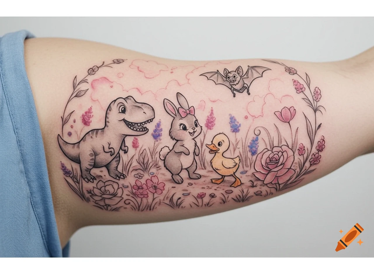 A colorful, Disney-inspired watercolor tattoo on an arm features a cheerful T-Rex, bunny, duckling, and bat among flowers.