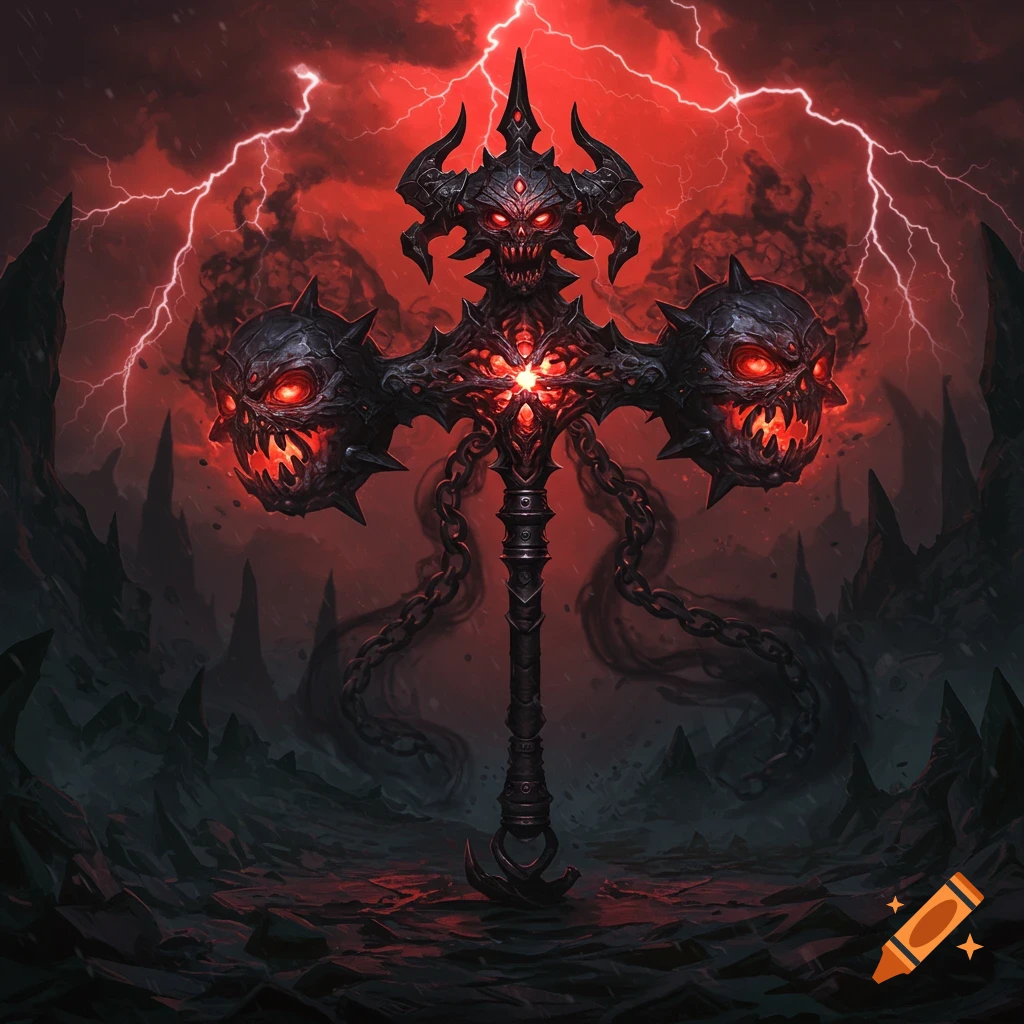 A demonic three-headed flail with glowing red eyes and core, set against a stormy red lightning sky.
