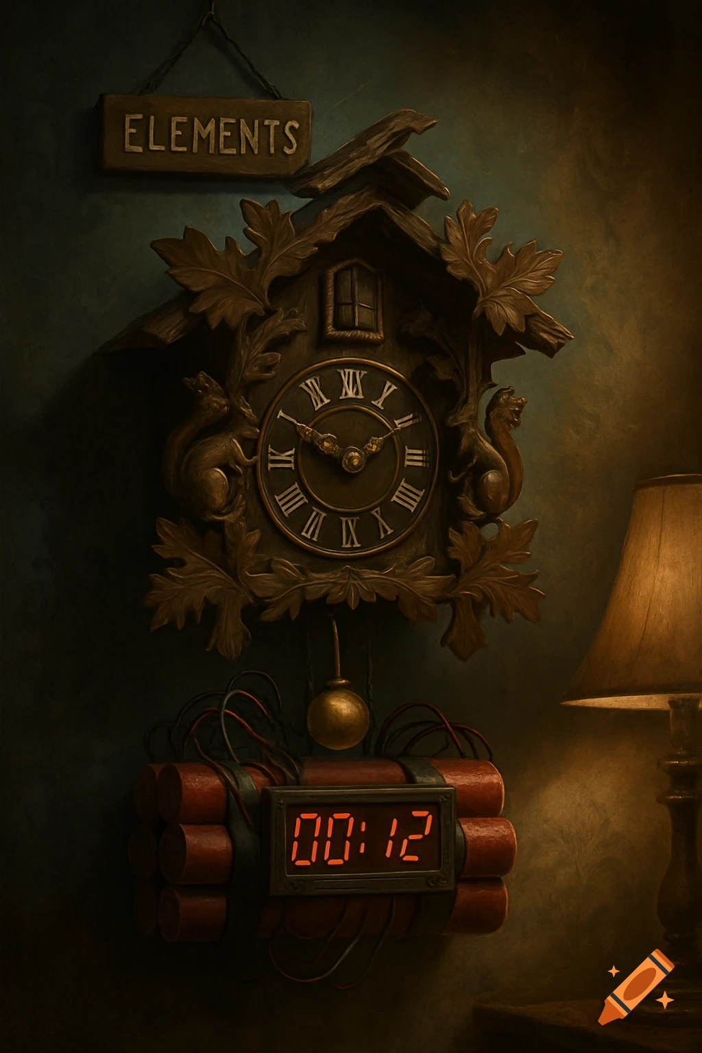 A stylized cuckoo clock with squirrel carvings, hanging on a wall. A time bomb tied below displays '00:12'. A sign above reads 'ELEMENTS'. A lamp is on the right.