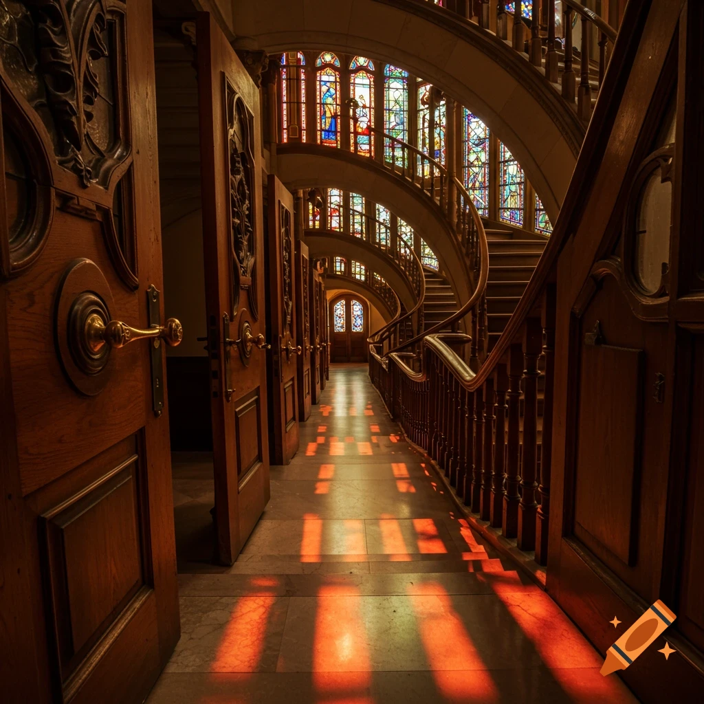 A grand hall with open wooden doors, a spiral staircase, and colorful stained-glass windows casting light patterns on the floor.