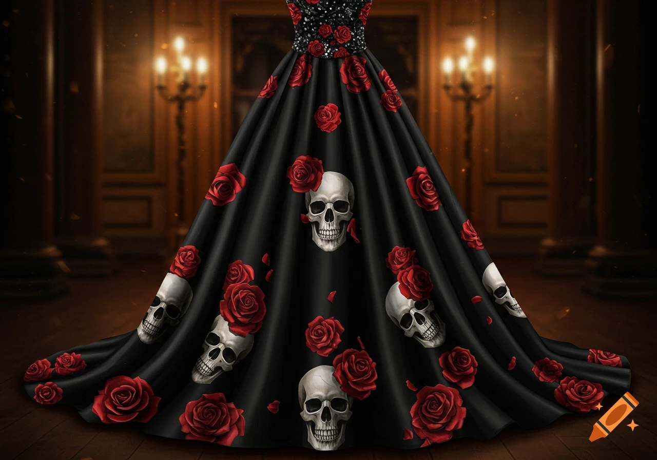 A black ballroom gown adorned with red roses and white skulls, set in a dimly lit, ornate room.