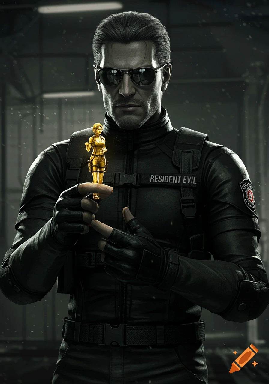 Albert Wesker in tactical gear and sunglasses holding a glowing golden figurine of Jill Valentine in a dark, gritty style.