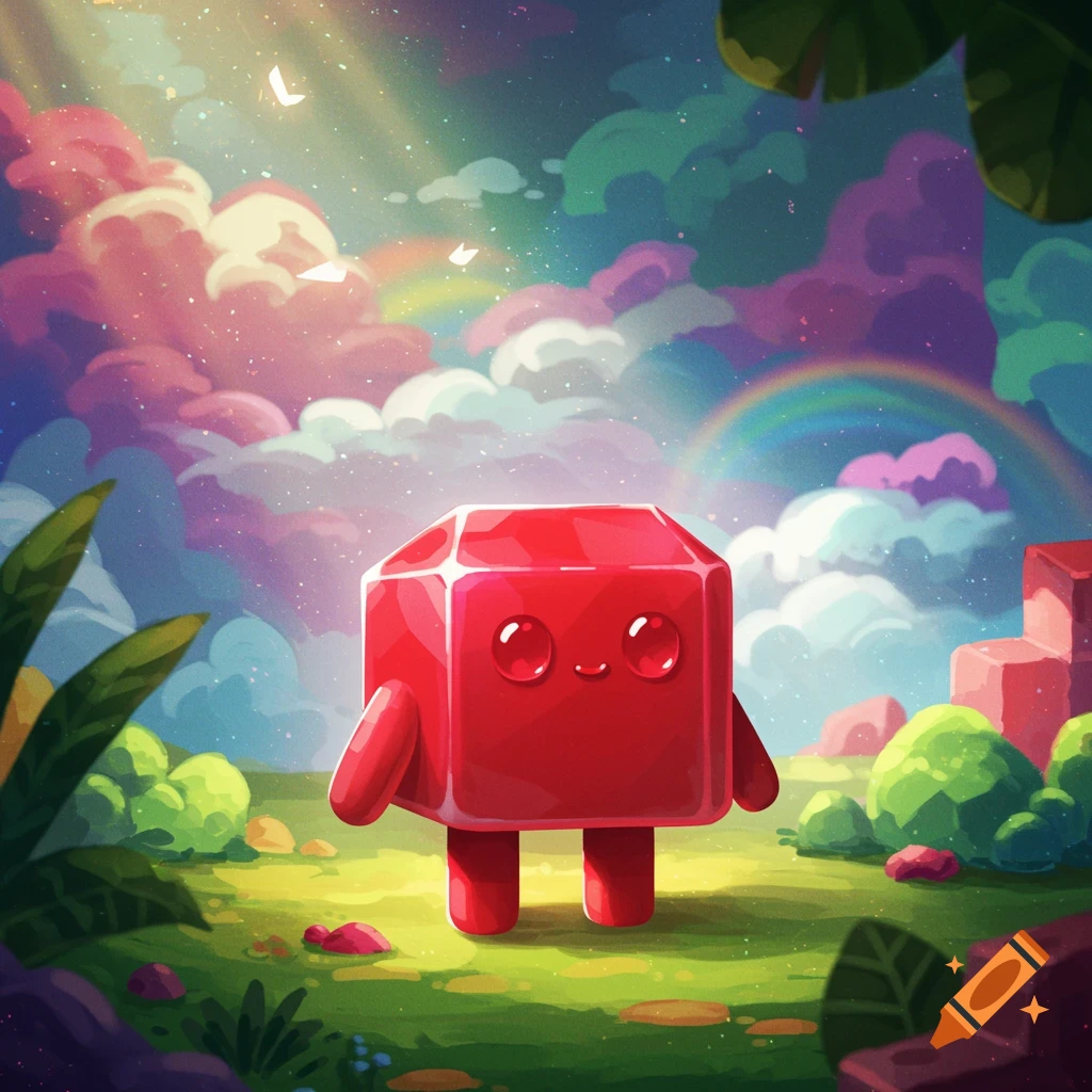 A cute, happy red block character with stumpy limbs stands in a vibrant, colorful fantasy landscape with a rainbow.