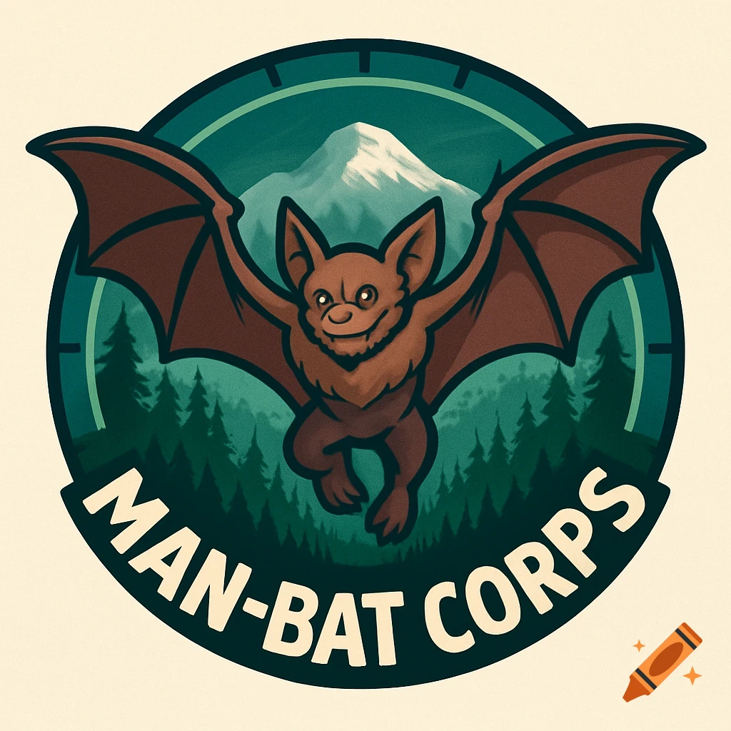 A circular logo with a cartoon brown bat flying over a forest and mountain, with 'MAN-BAT CORPS' text below.