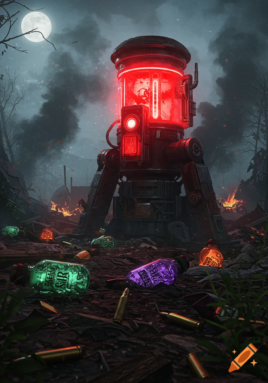A glowing red futuristic machine stands in a dark, post-apocalyptic landscape with fires and debris, under a full moon. Colorful glowing bottles and bullet casings are scattered on the ground.