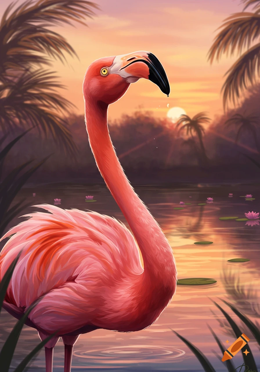A pink flamingo stands in a marsh at sunset, with palm trees and lily pads. Digital art.