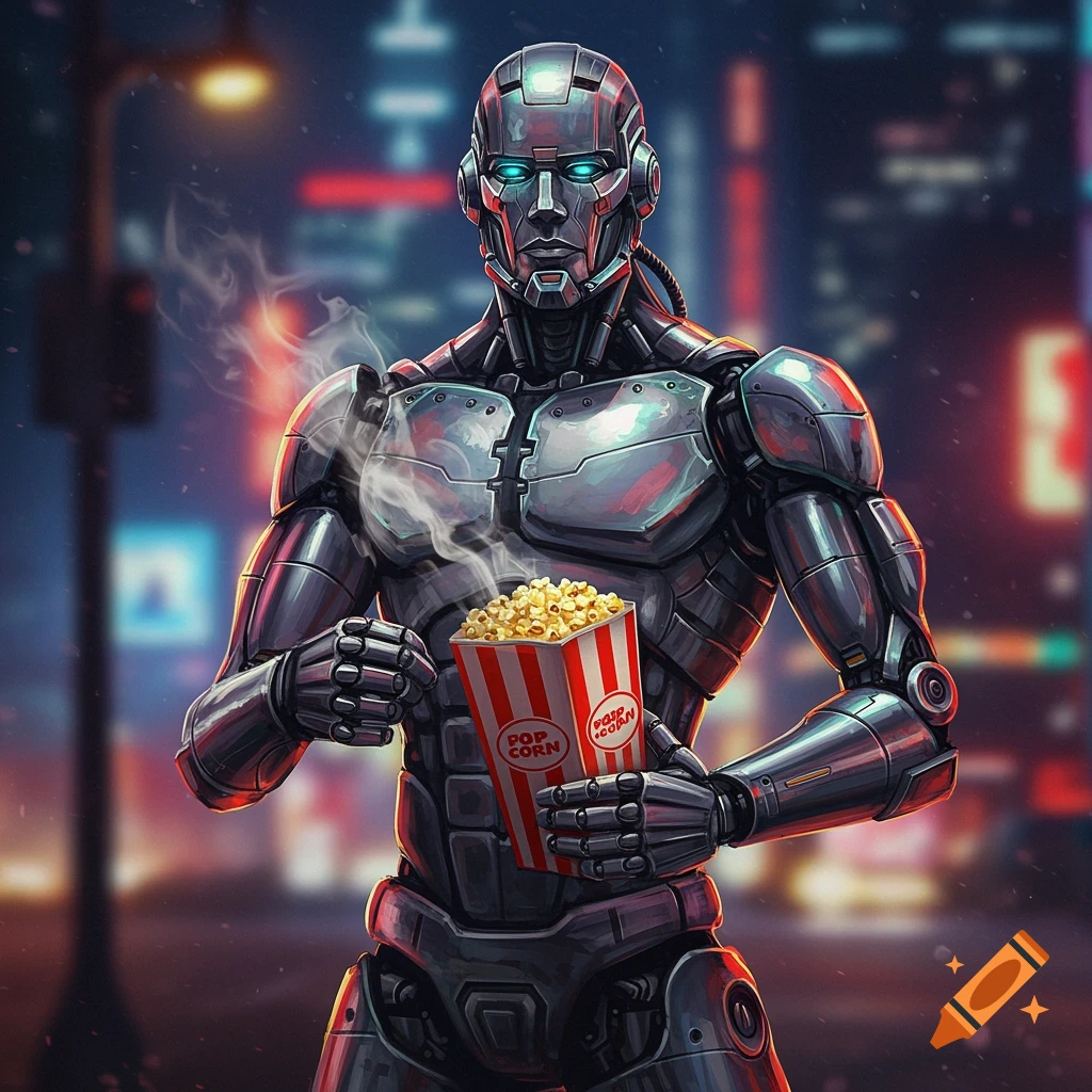 A metallic robot with glowing blue eyes holds a steaming popcorn box in a futuristic city at night, in a detailed digital illustration style.
