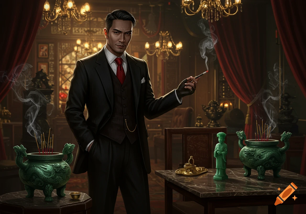 A man in a dark suit and red tie holds a smoking cigarette in an opulent, dimly lit room with ornate incense burners and chandeliers.