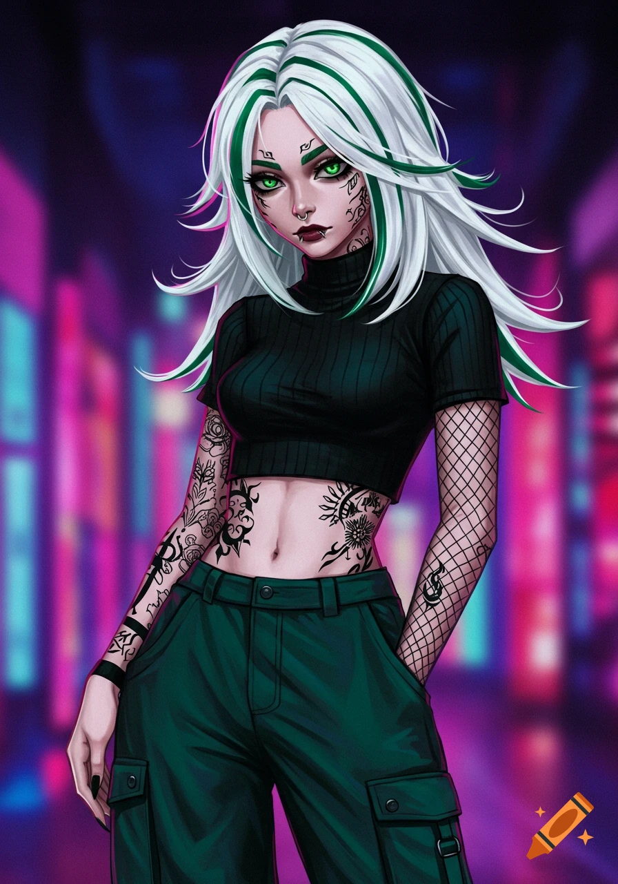 An anime girl with white and green hair, green eyes, tattoos, and piercings, wearing a black crop top and green cargo pants against a blurred neon city background.