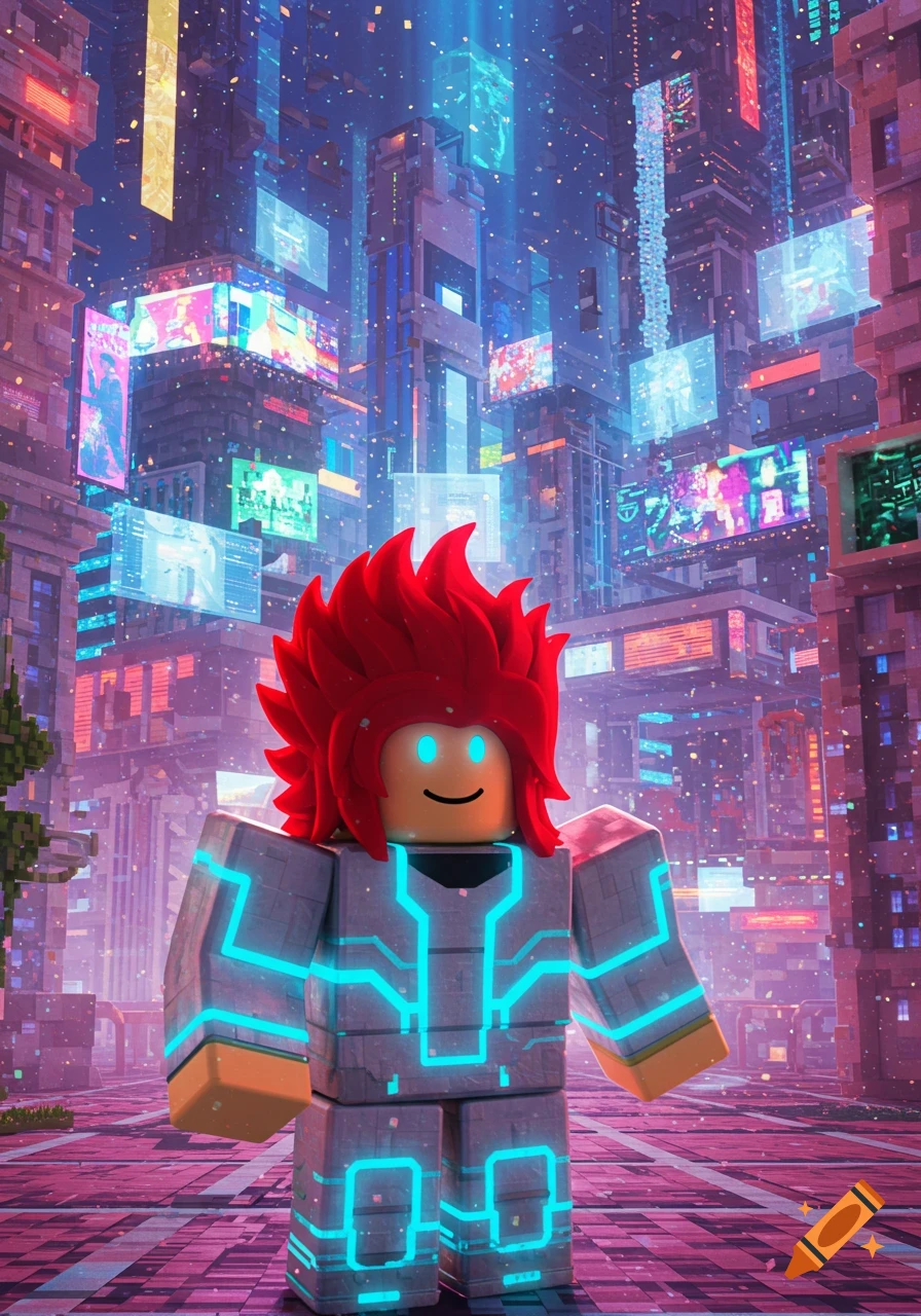 A redheaded Robloxian character in glowing armor stands in a vibrant, futuristic city with neon lights and digital billboards.