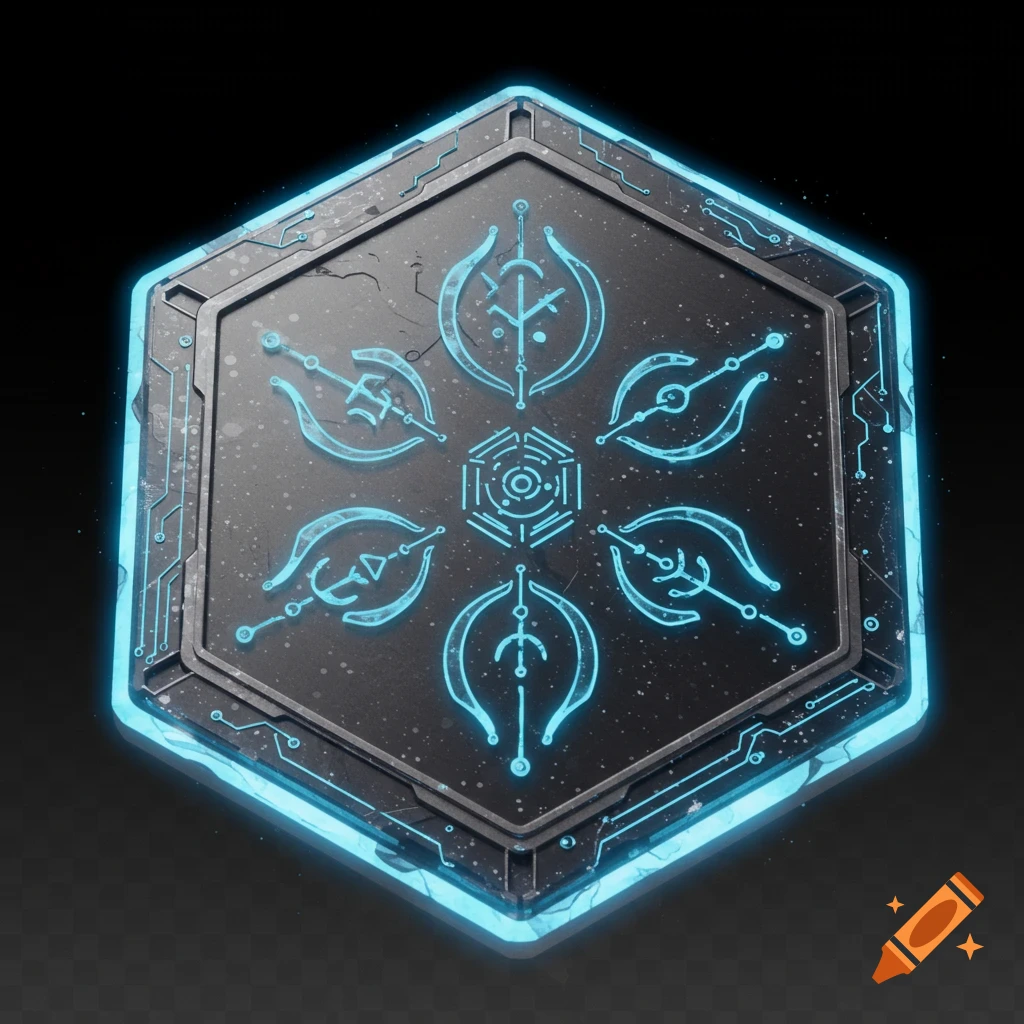 A hexagonal sci-fi token with glowing blue symbols and circuit patterns on a dark background.