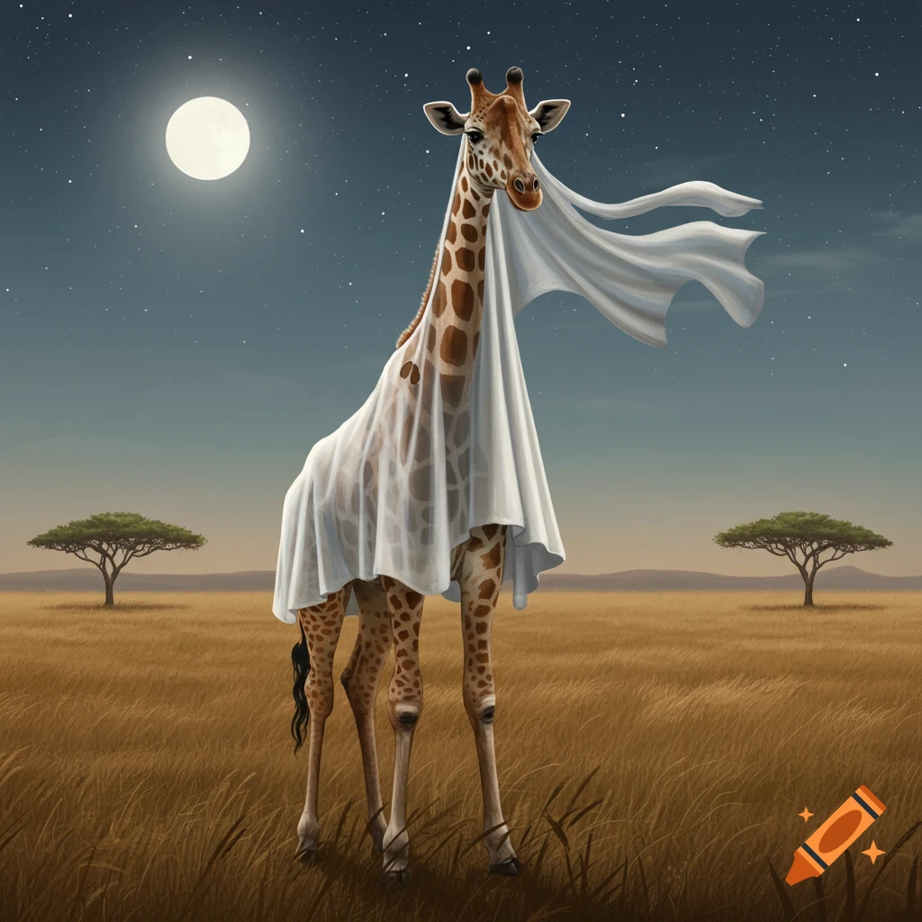 A giraffe wearing a white sheet like a ghost stands in a moonlit savanna with acacia trees.